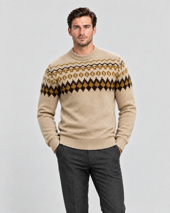 Man in the Hampton Fair Isle yoke jumper, oat, studio