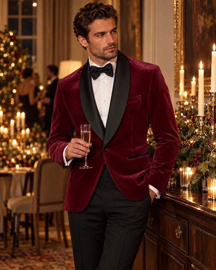 Mayfair velvet dinner jacket at a Christmas dinner party