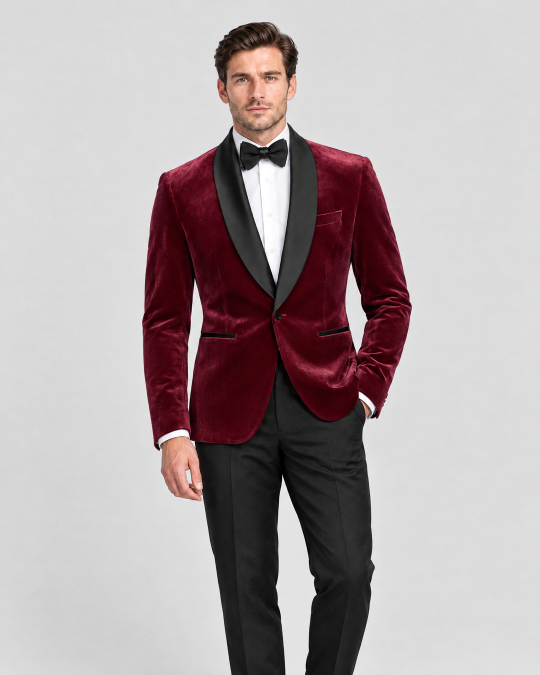 Mayfair velvet dinner jacket in Burgundy, studio