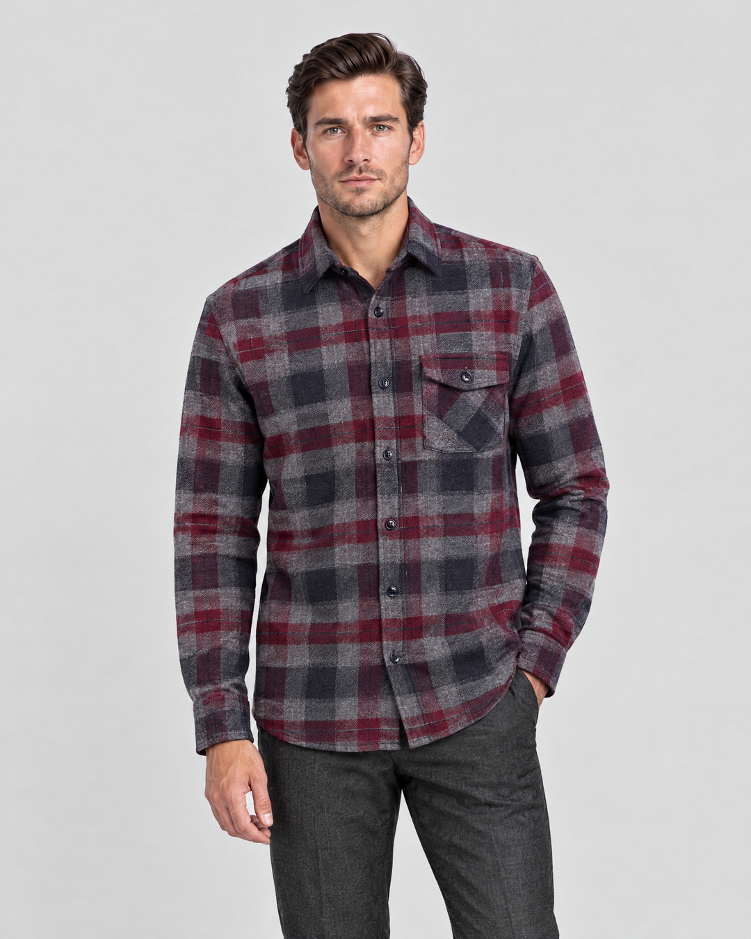 Islington flannel shirt, Burgundy Check