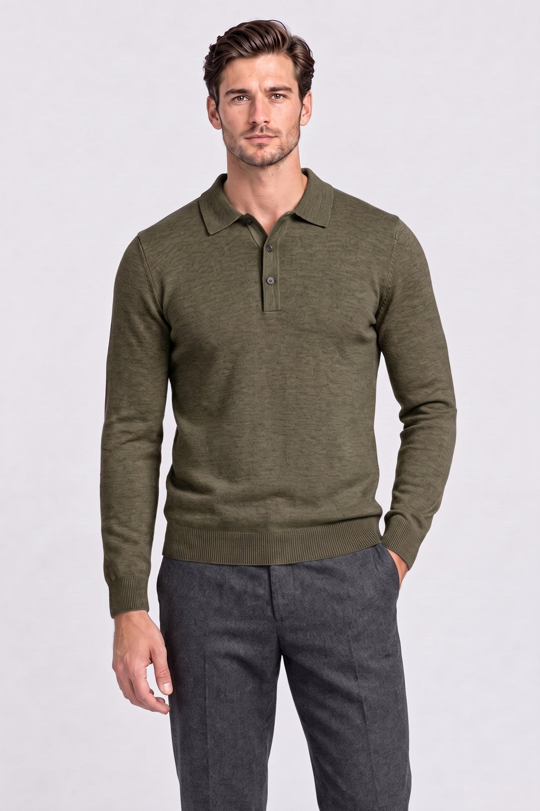 The Aldwych Knitted Polo in Dark Olive – men&