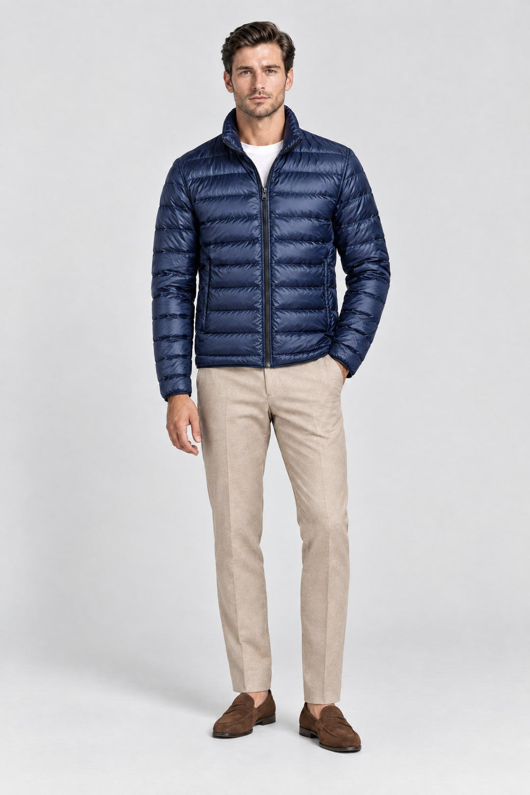 The Arlington Down Jacket in Navy, full length