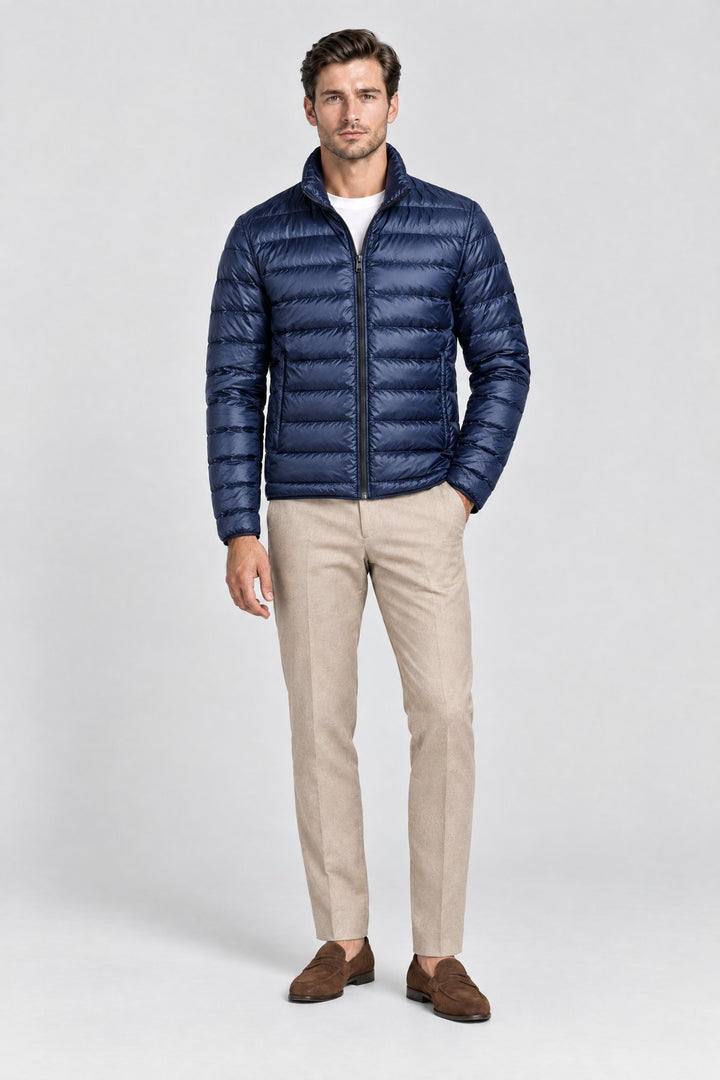 The Arlington Down Jacket in Navy, full length