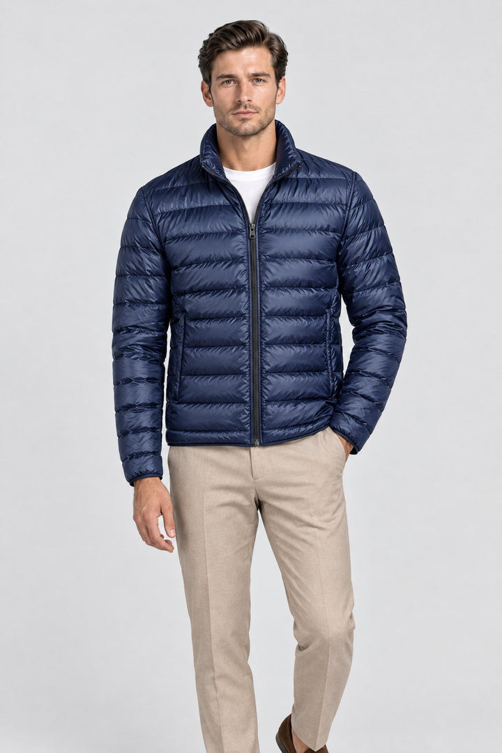 The Arlington Down Jacket in Navy, on model