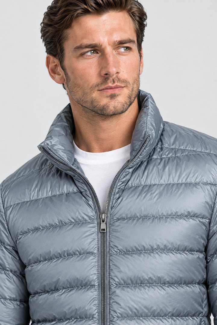 The Arlington Down Jacket in Stone Grey, detail