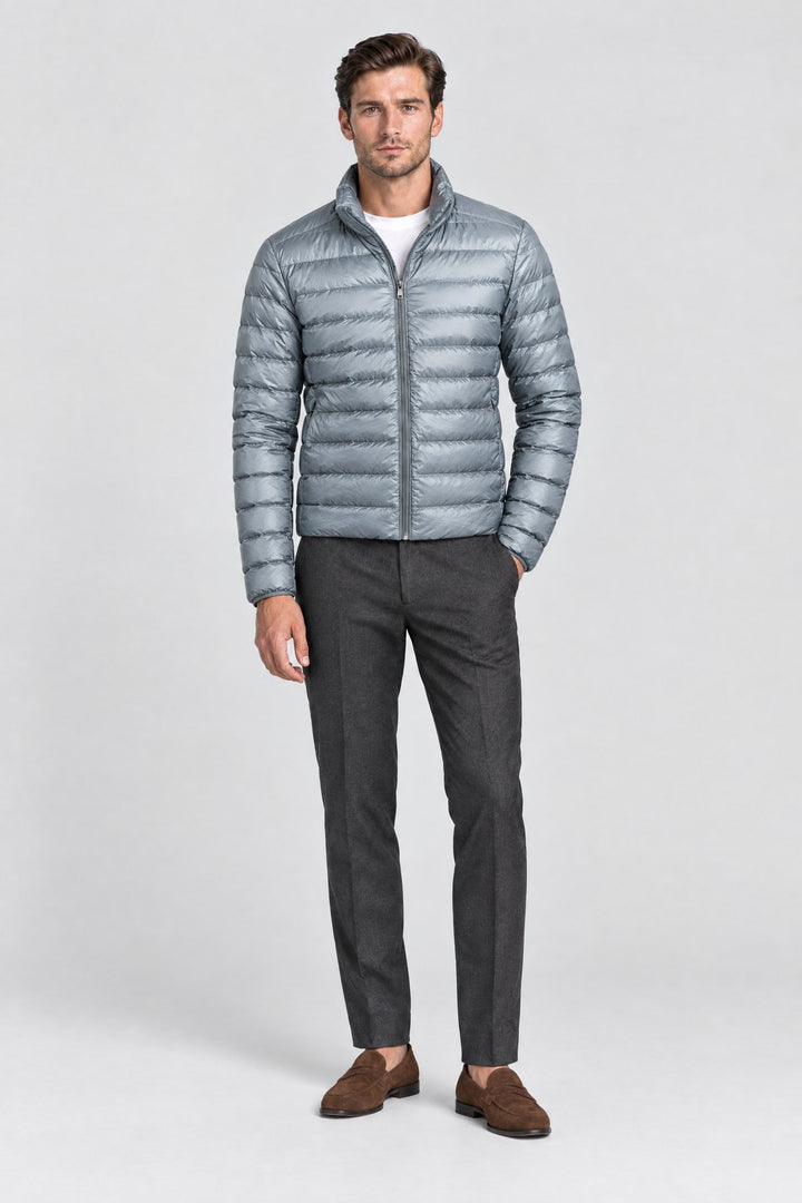 The Arlington Down Jacket in Stone Grey, full length