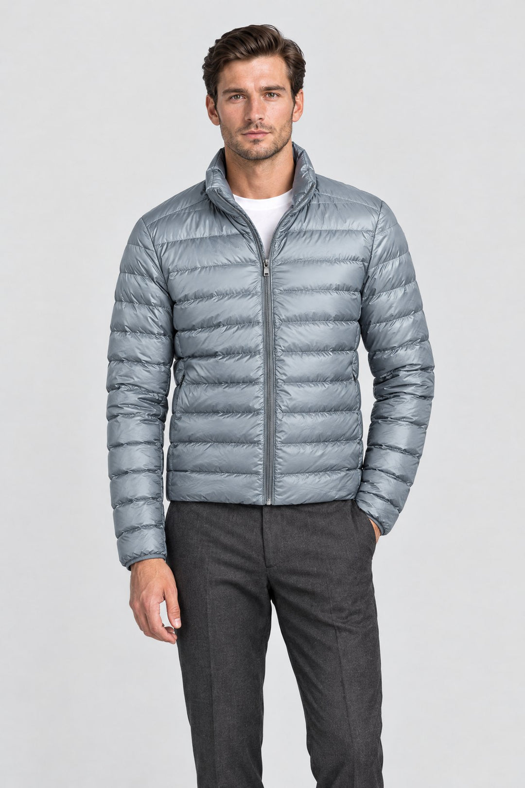 The Arlington Down Jacket in Stone Grey, on model