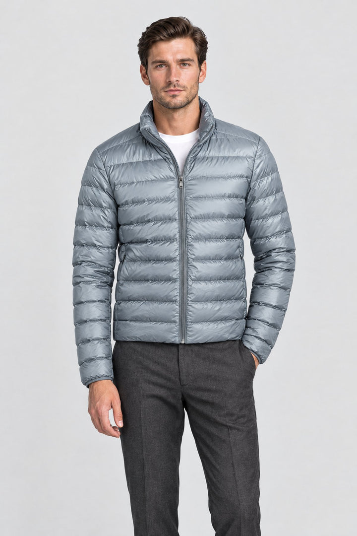The Arlington Down Jacket in Stone Grey, on model