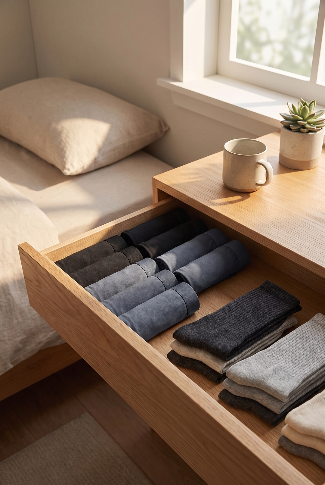 Bamboo boxer briefs rolled in a drawer
