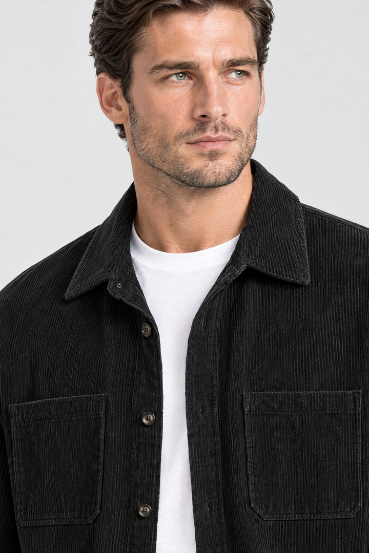 The Barbican Cord Overshirt in Black, detail