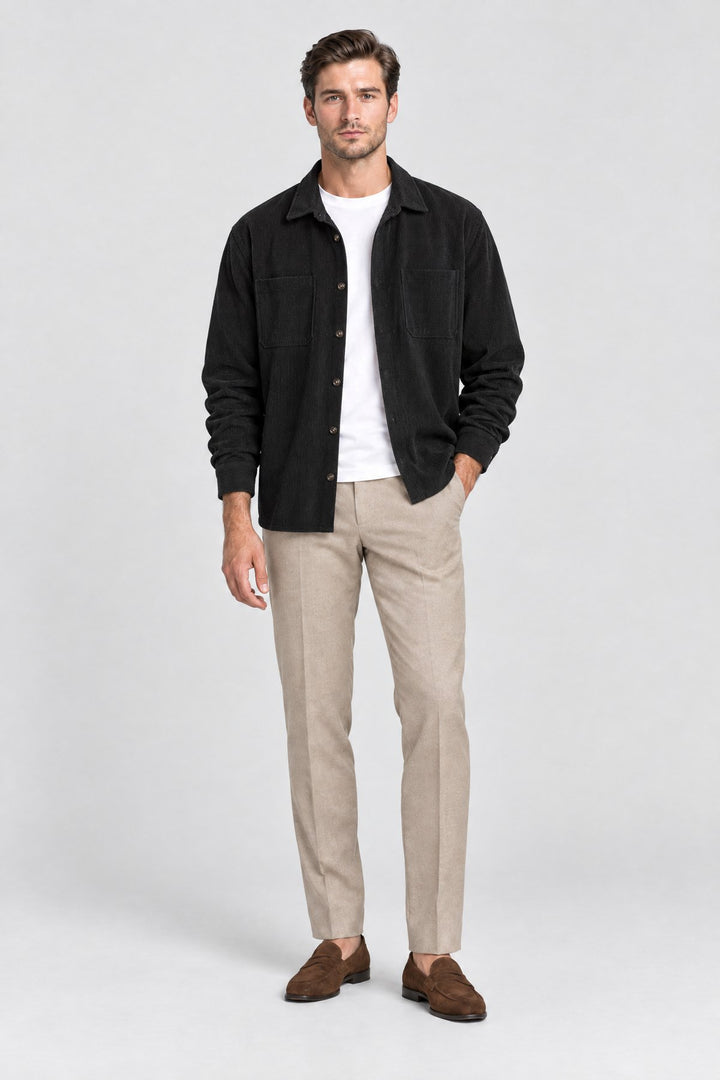 The Barbican Cord Overshirt in Black, on model