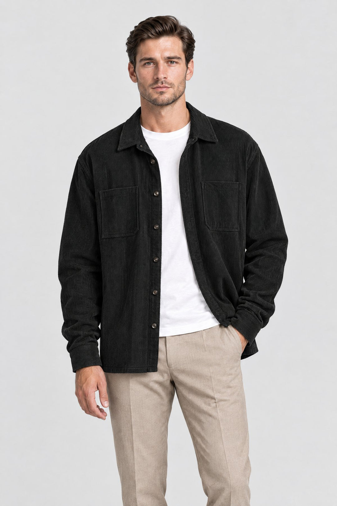 The Barbican Cord Overshirt in Black, on model