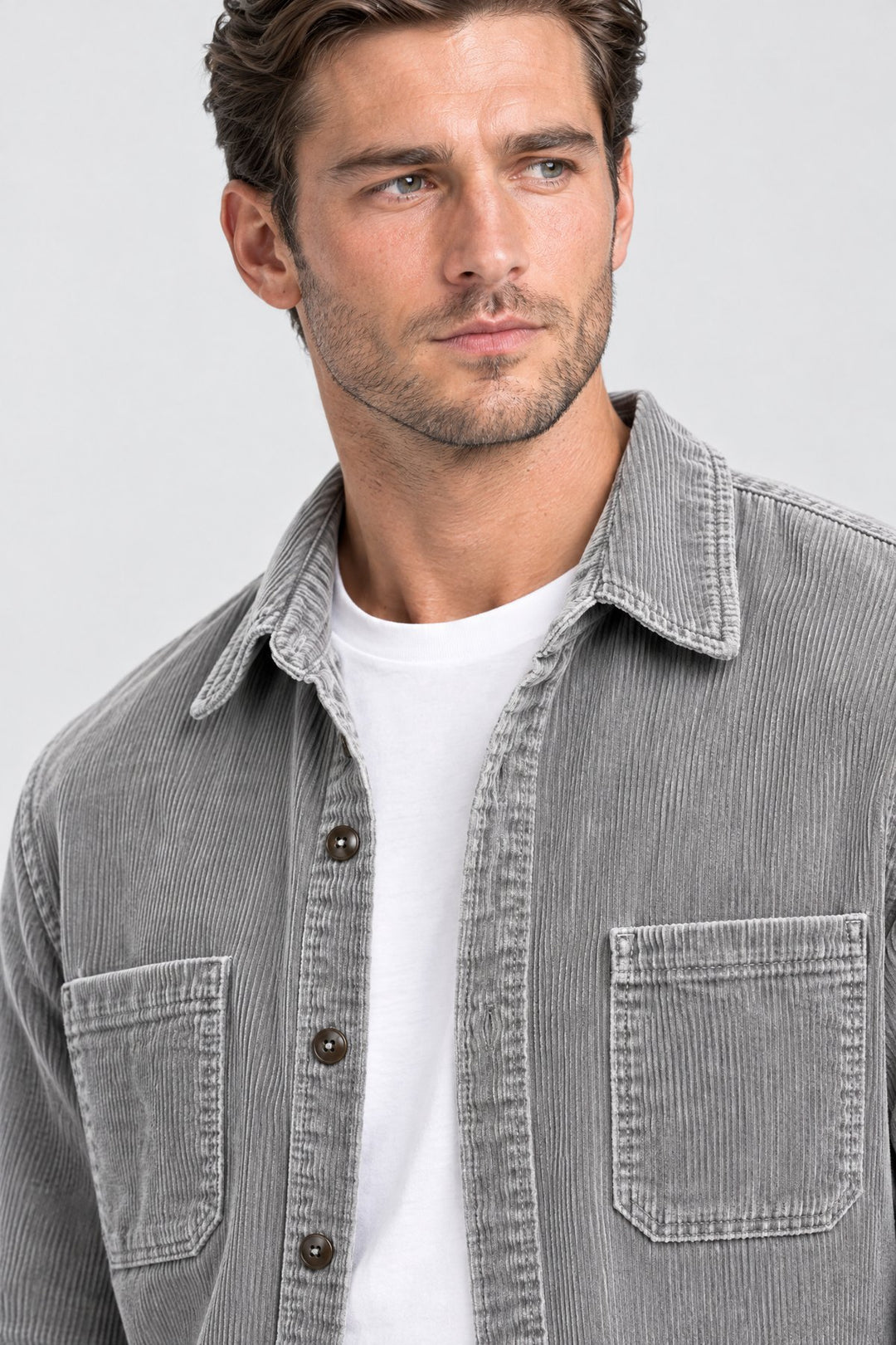 The Barbican Cord Overshirt in Grey, detail