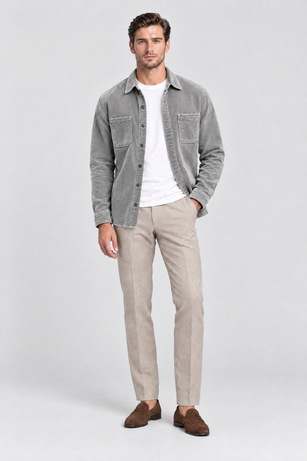 The Barbican Cord Overshirt in Grey, full length