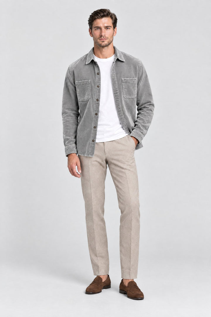 The Barbican Cord Overshirt in Grey, full length