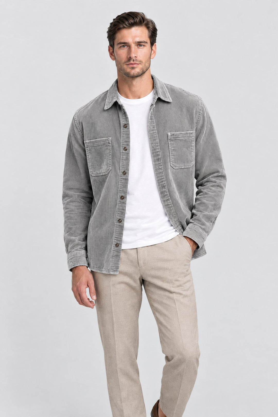 The Barbican Cord Overshirt in Grey, on model
