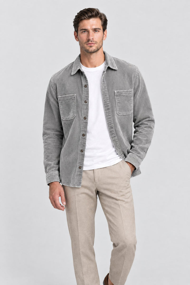 The Barbican Cord Overshirt in Grey, on model