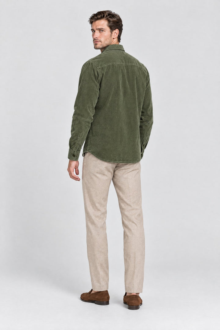 The Barbican Cord Overshirt in Olive, back view
