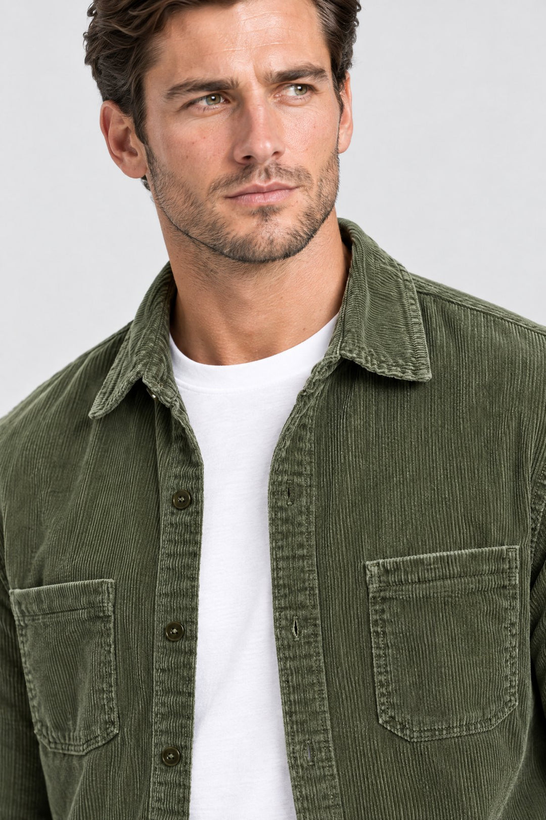 The Barbican Cord Overshirt in Olive, detail
