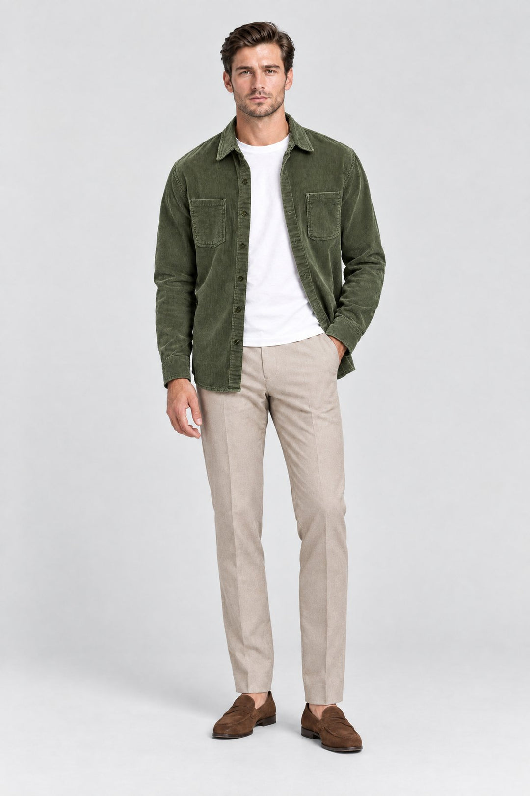 The Barbican Cord Overshirt in Olive, full length