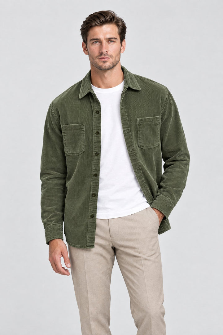 The Barbican Cord Overshirt in Olive, on model