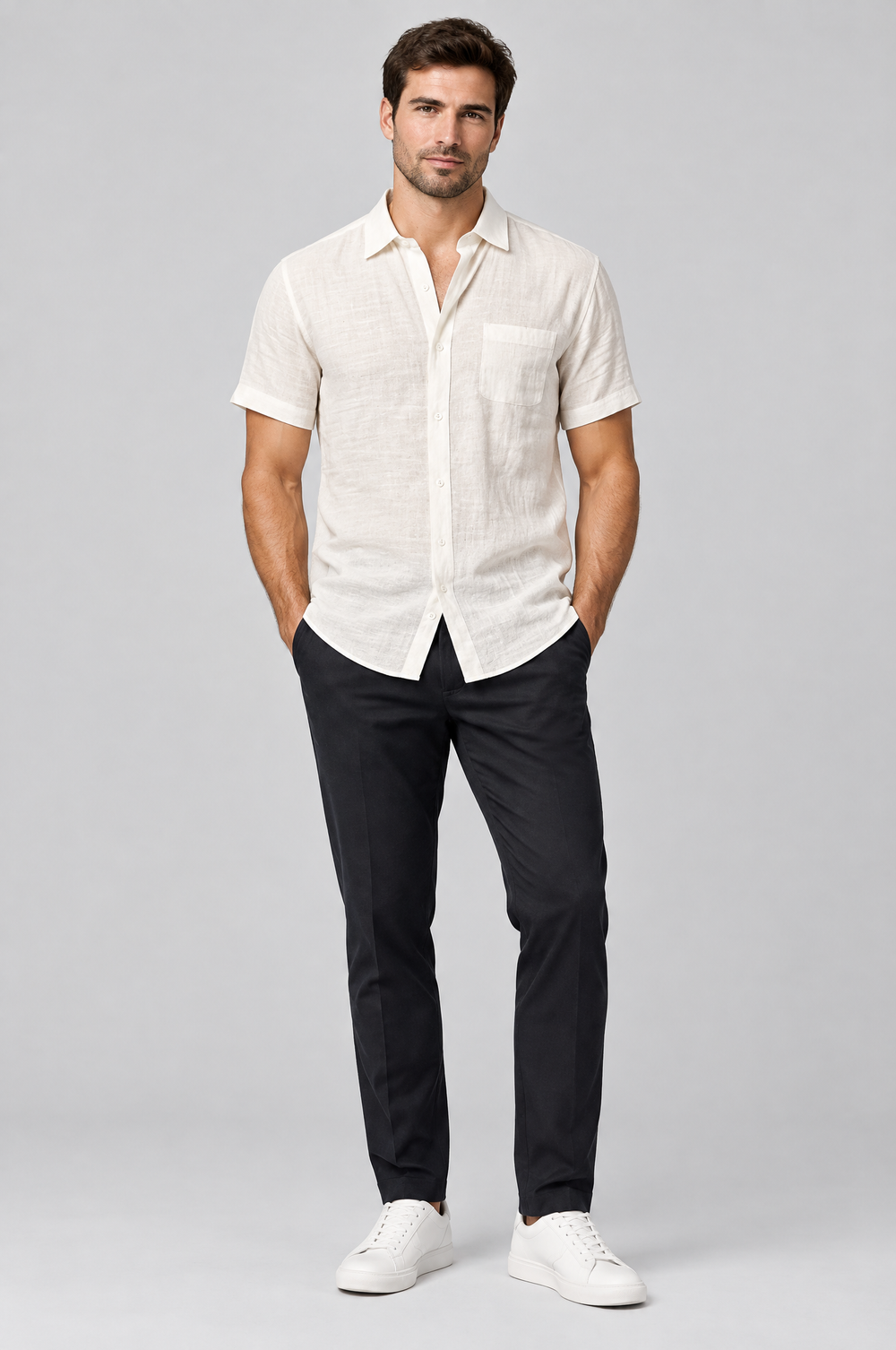 Men's Linen-Blend Short Sleeve Shirt in Ecru – The Barnes by WARDLEY