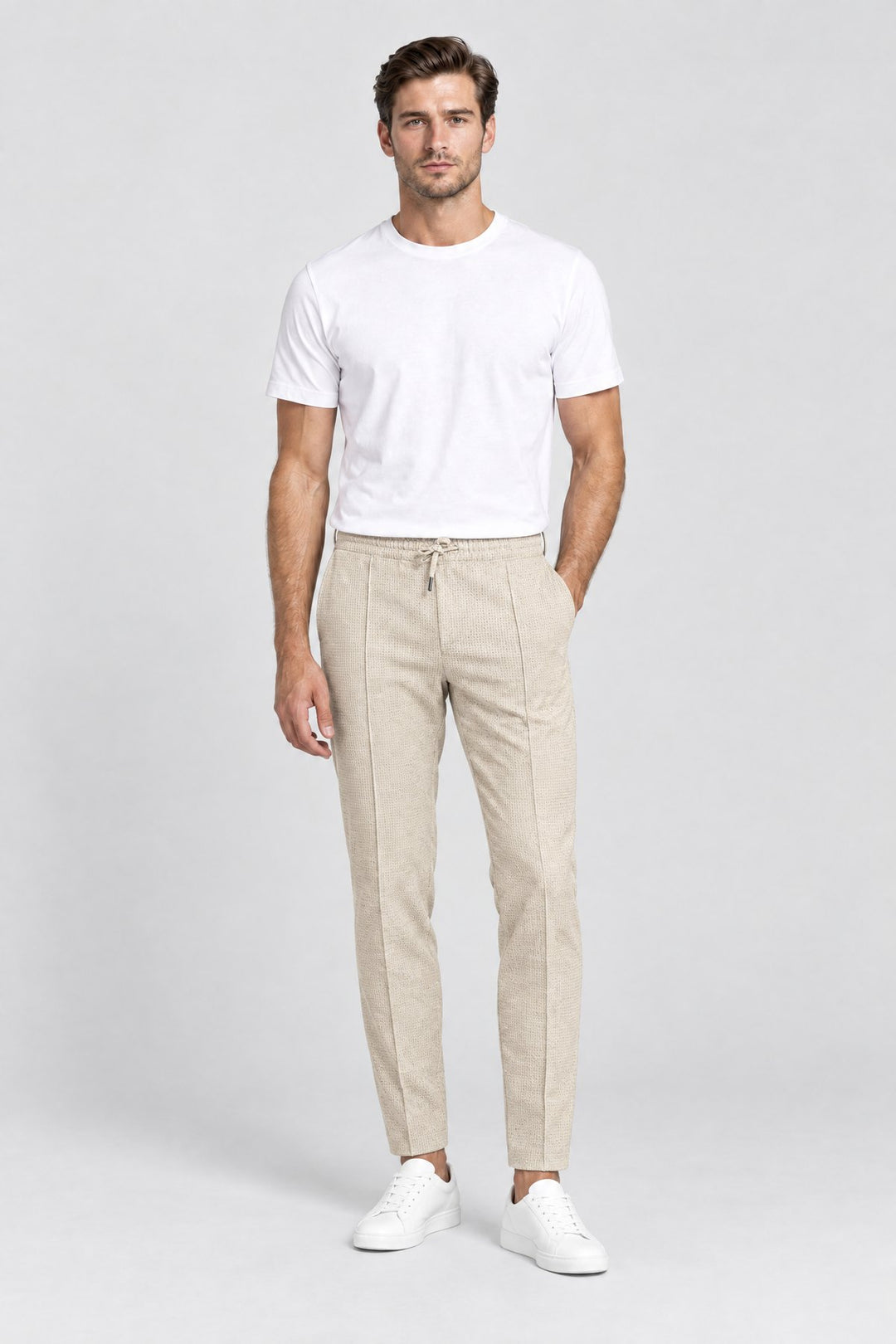 The Battersea Waffle Jogger in Stone, on model
