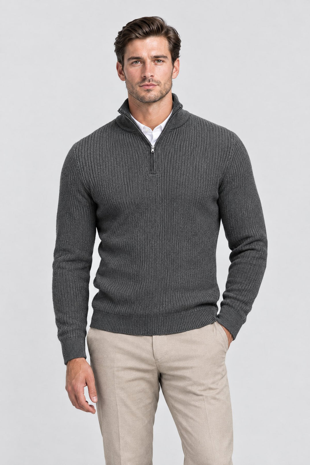 The Belgrave Quarter-Zip in Charcoal worn by model