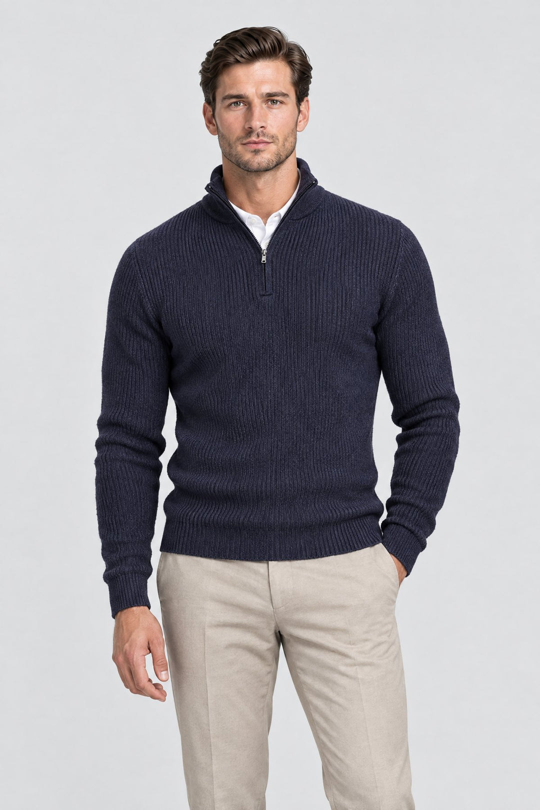 The Belgrave Quarter-Zip in Navy worn by model