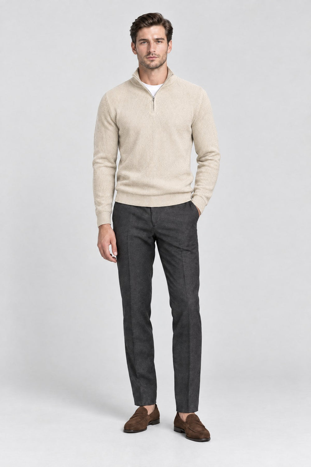 The Belgrave Quarter-Zip in Oat worn by model — full length