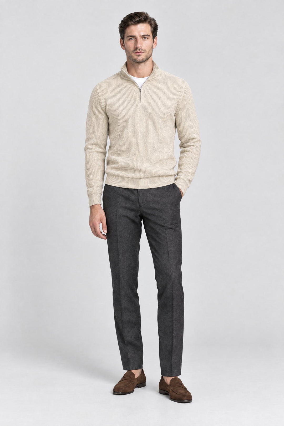 The Belgrave Quarter-Zip in Oat worn by model — full length