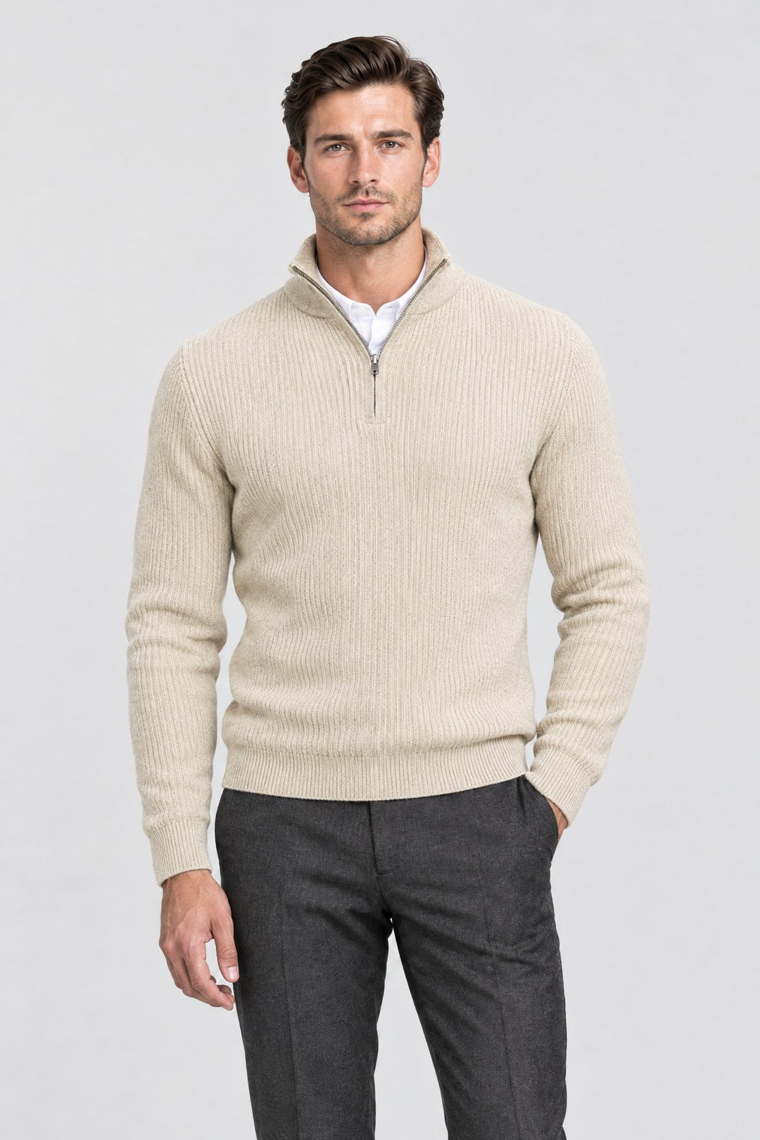 The Belgrave Quarter-Zip in Oat worn by model