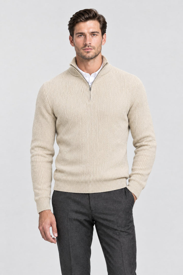 The Belgrave Quarter-Zip in Oat worn by model