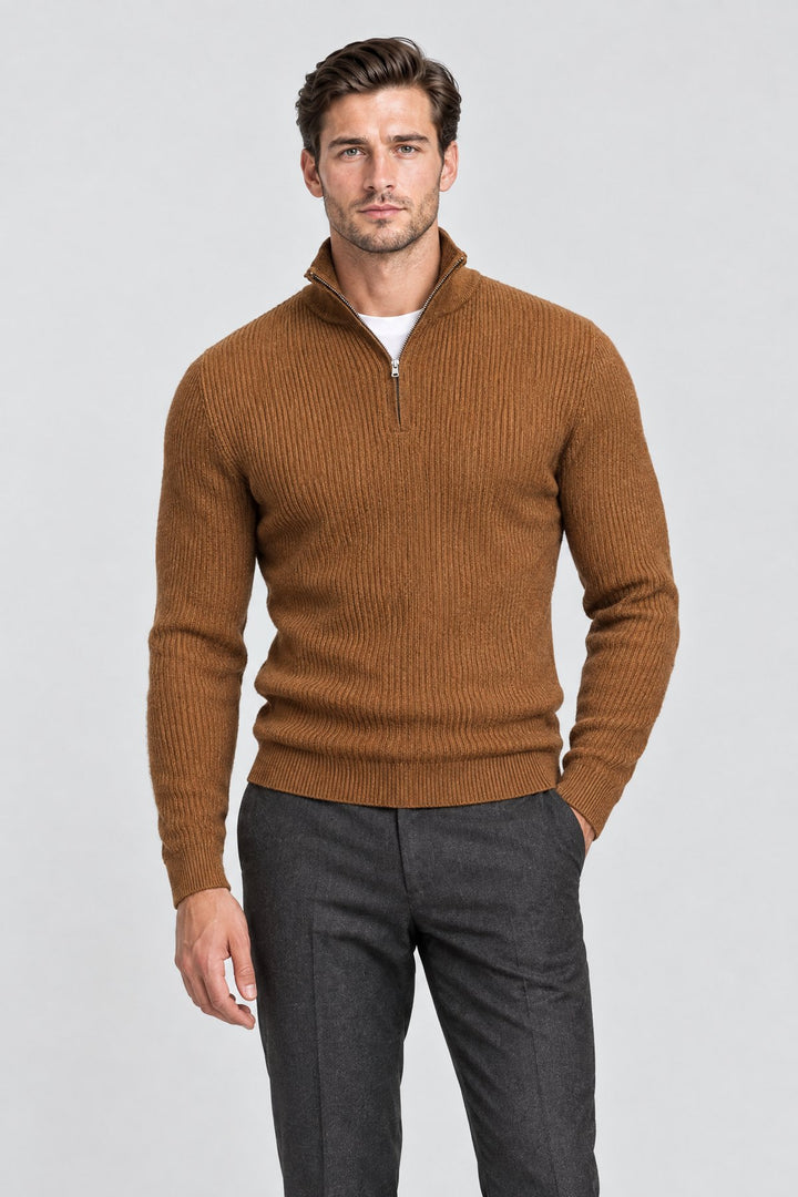 The Belgrave Quarter-Zip in Tobacco worn by model