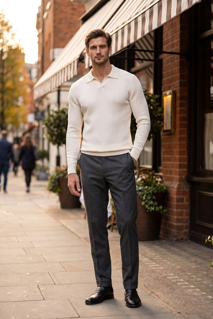 The Belsize Ribbed Knit Polo styled in London