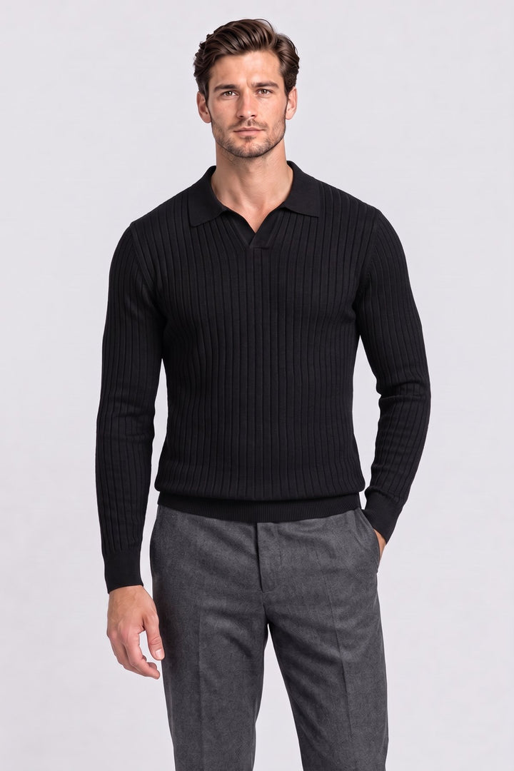 The Belsize Ribbed Knit Polo in Black – men&
