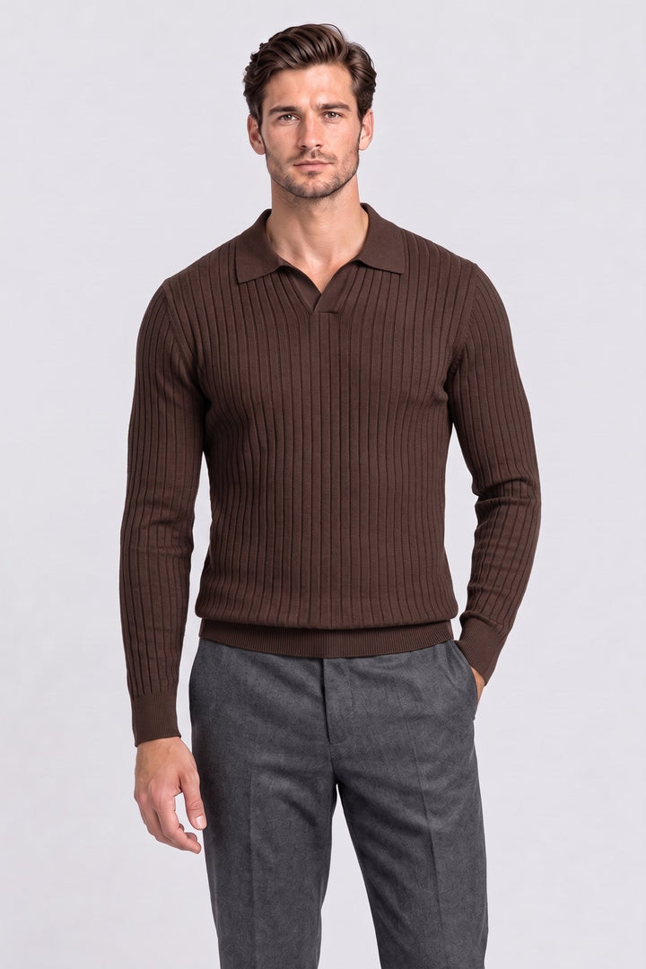 The Belsize Ribbed Knit Polo in Brown – men&