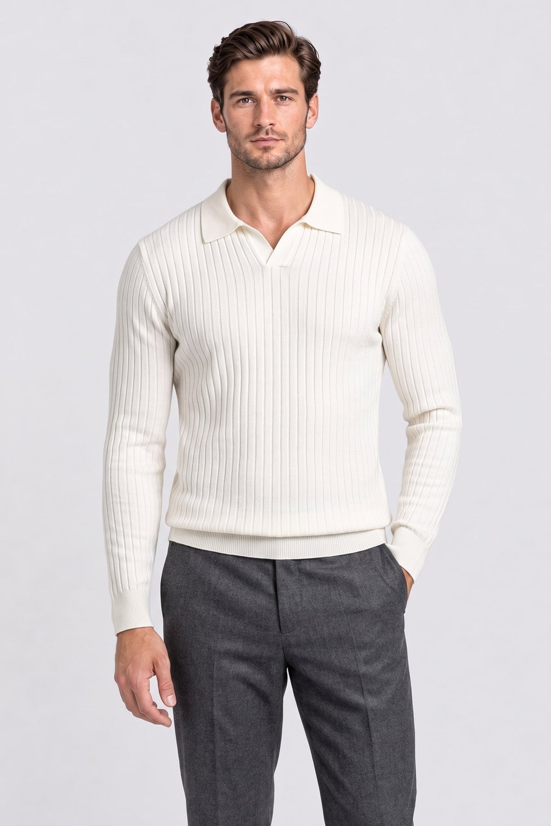 The Belsize Ribbed Knit Polo in Ecru – men&