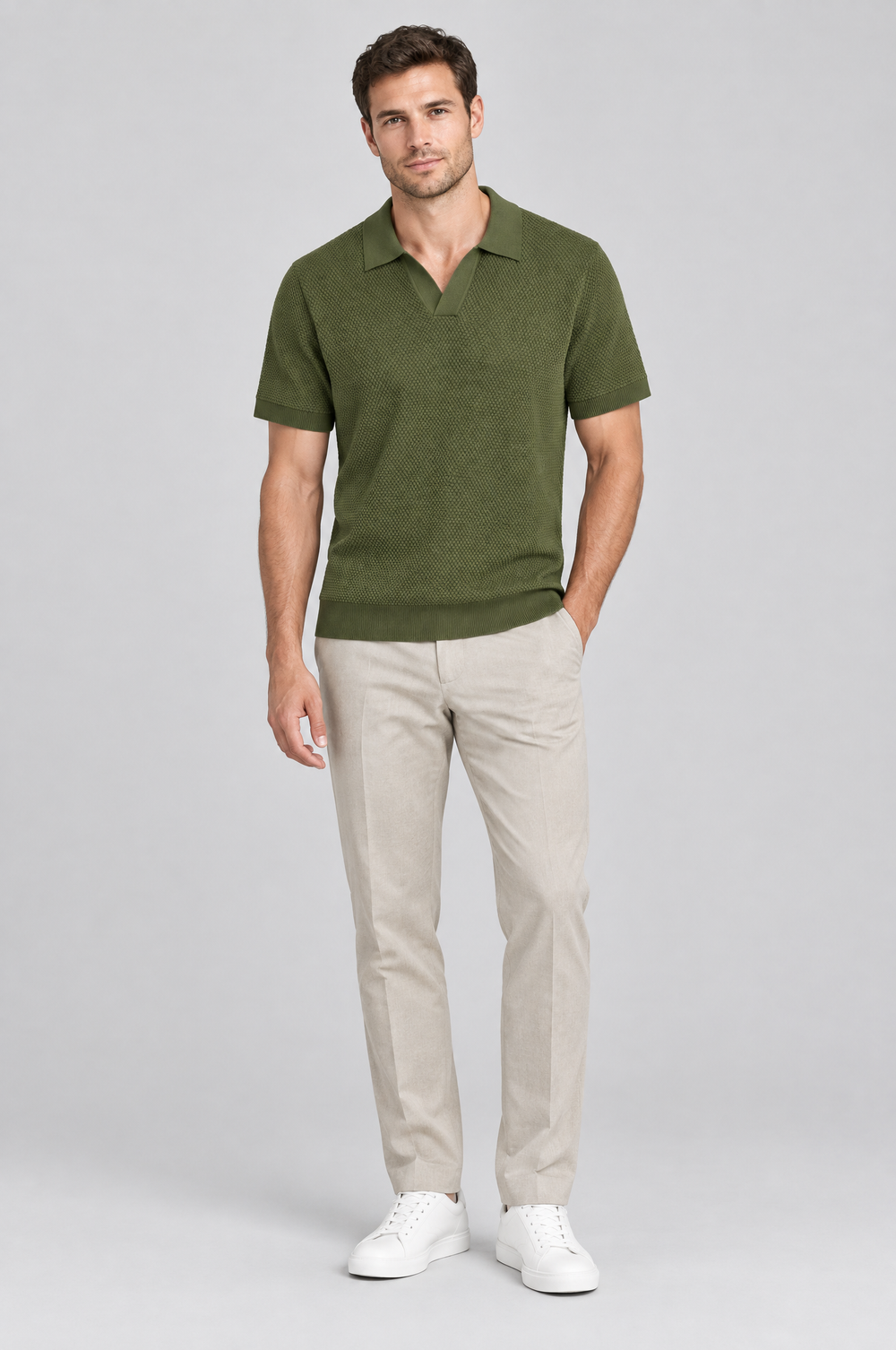 Men's Open Collar Textured Polo Shirt in Olive – The Bloomsbury by WARDLEY