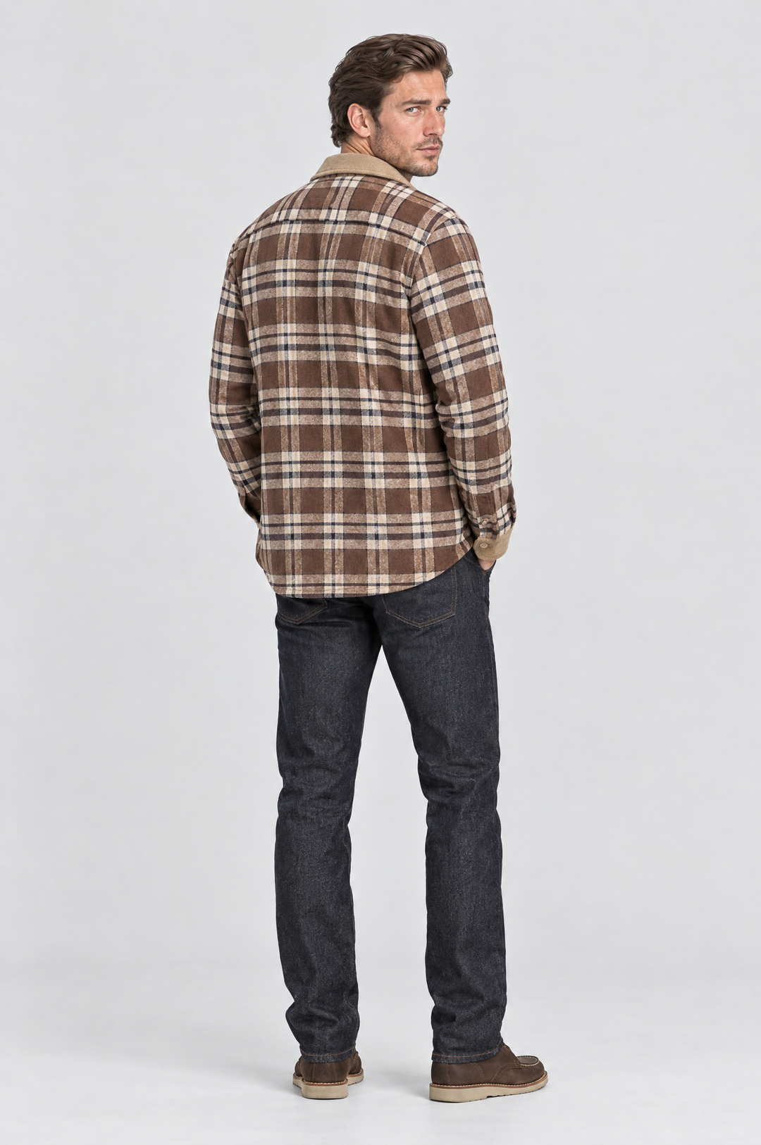The Brixton Check Shacket in Brown Check, on model, back view