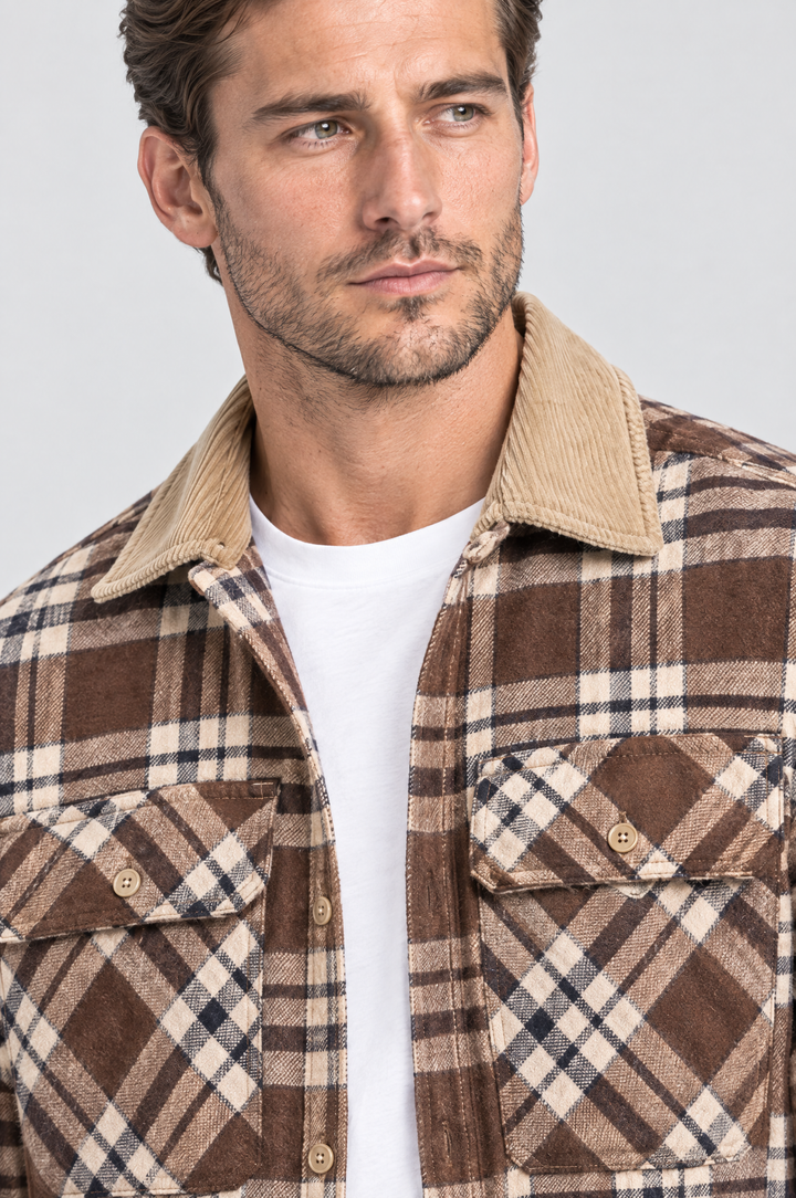 The Brixton Check Shacket in Brown Check, close-up detail