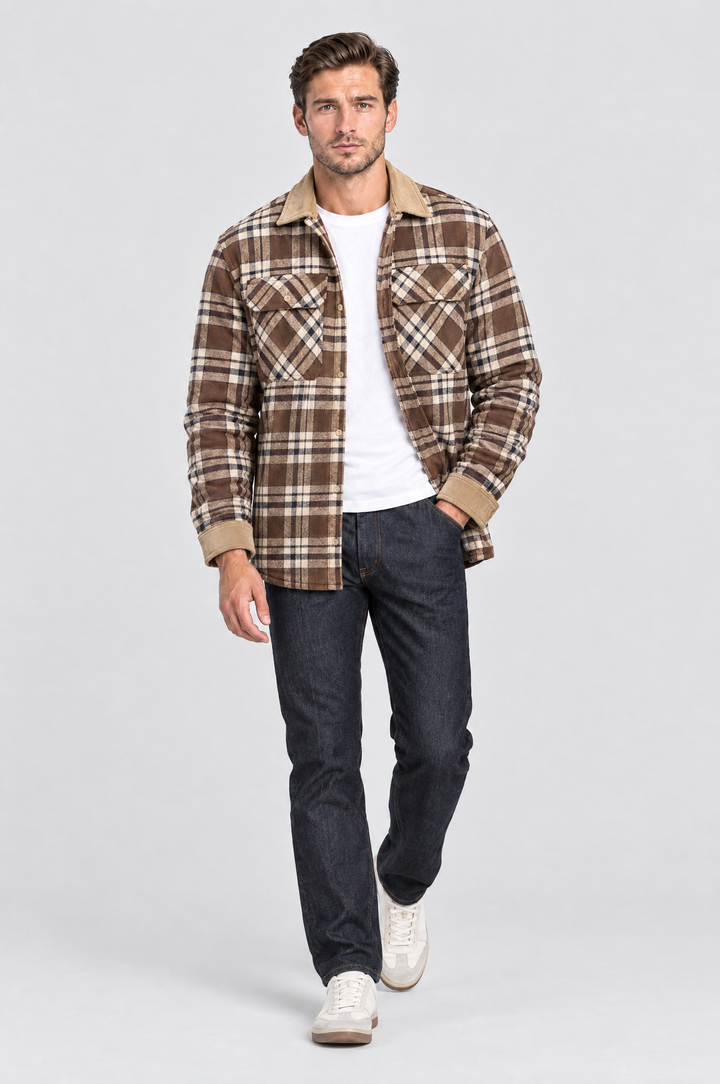 The Brixton Check Shacket in Brown Check, on model, full length
