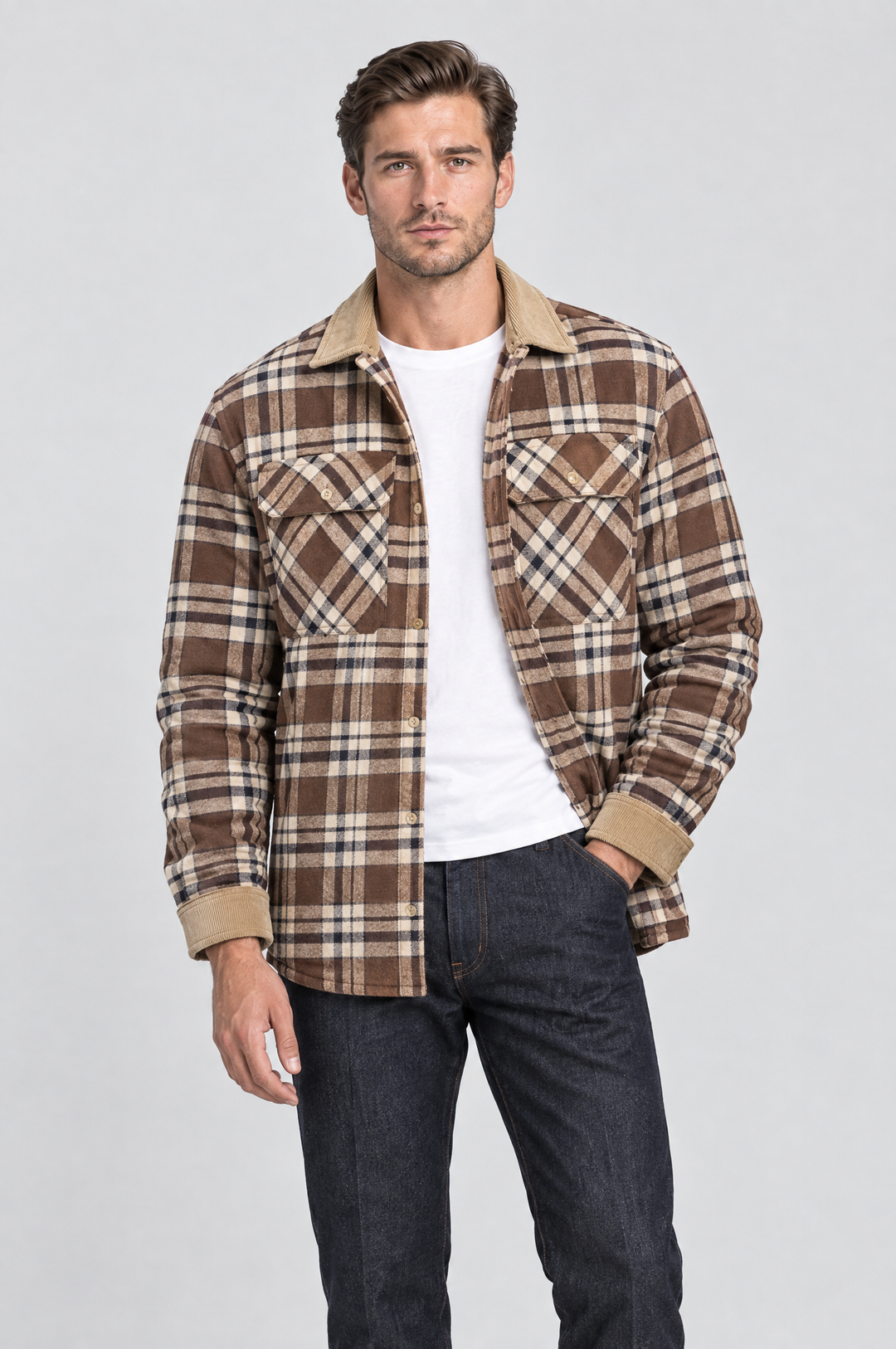 The Brixton Check Shacket in Brown Check, on model, front