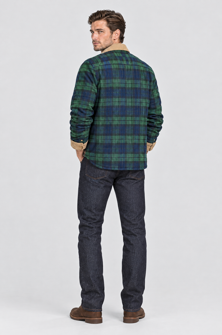 The Brixton Check Shacket in Green Tartan, on model, back view