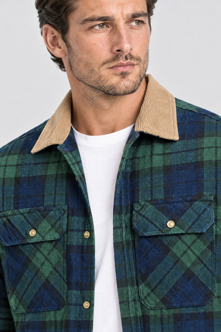 The Brixton Check Shacket in Green Tartan, close-up detail