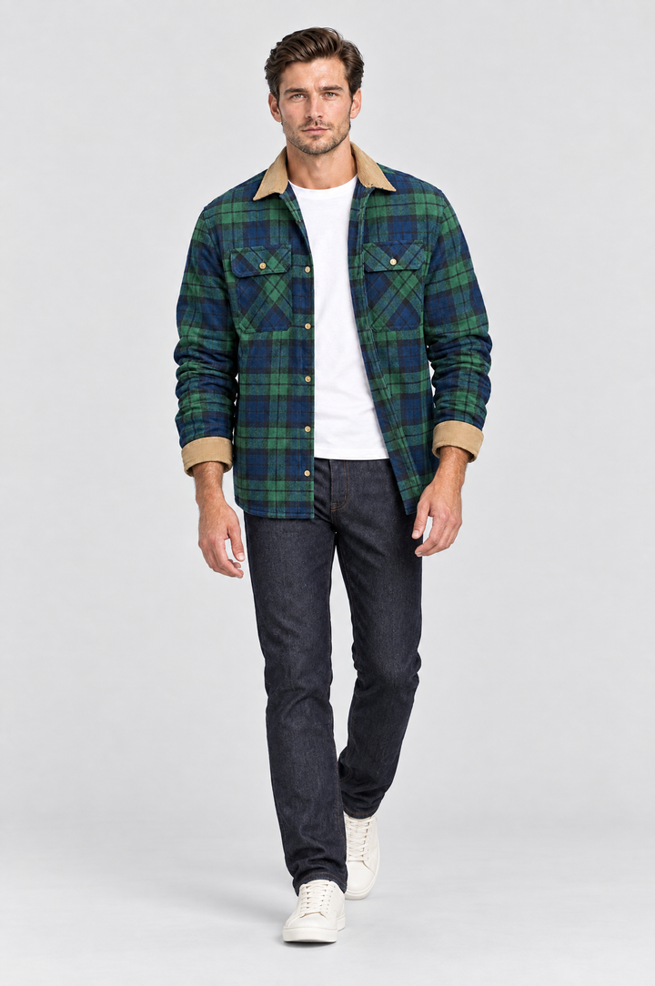 The Brixton Check Shacket in Green Tartan, on model, full length