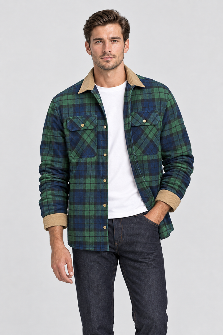 The Brixton Check Shacket in Green Tartan, on model, front