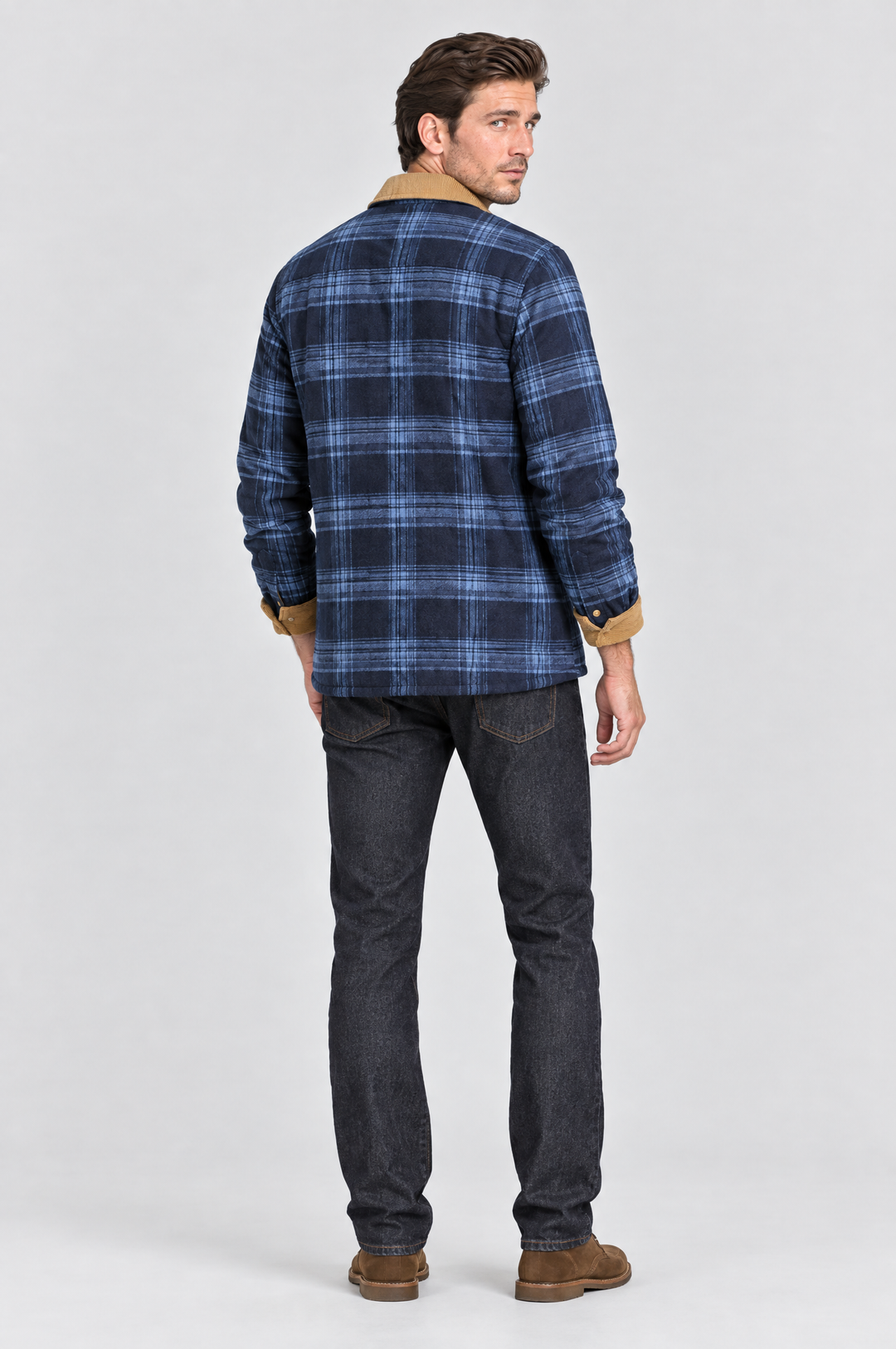 The Brixton Check Shacket in Navy Check, on model, back view
