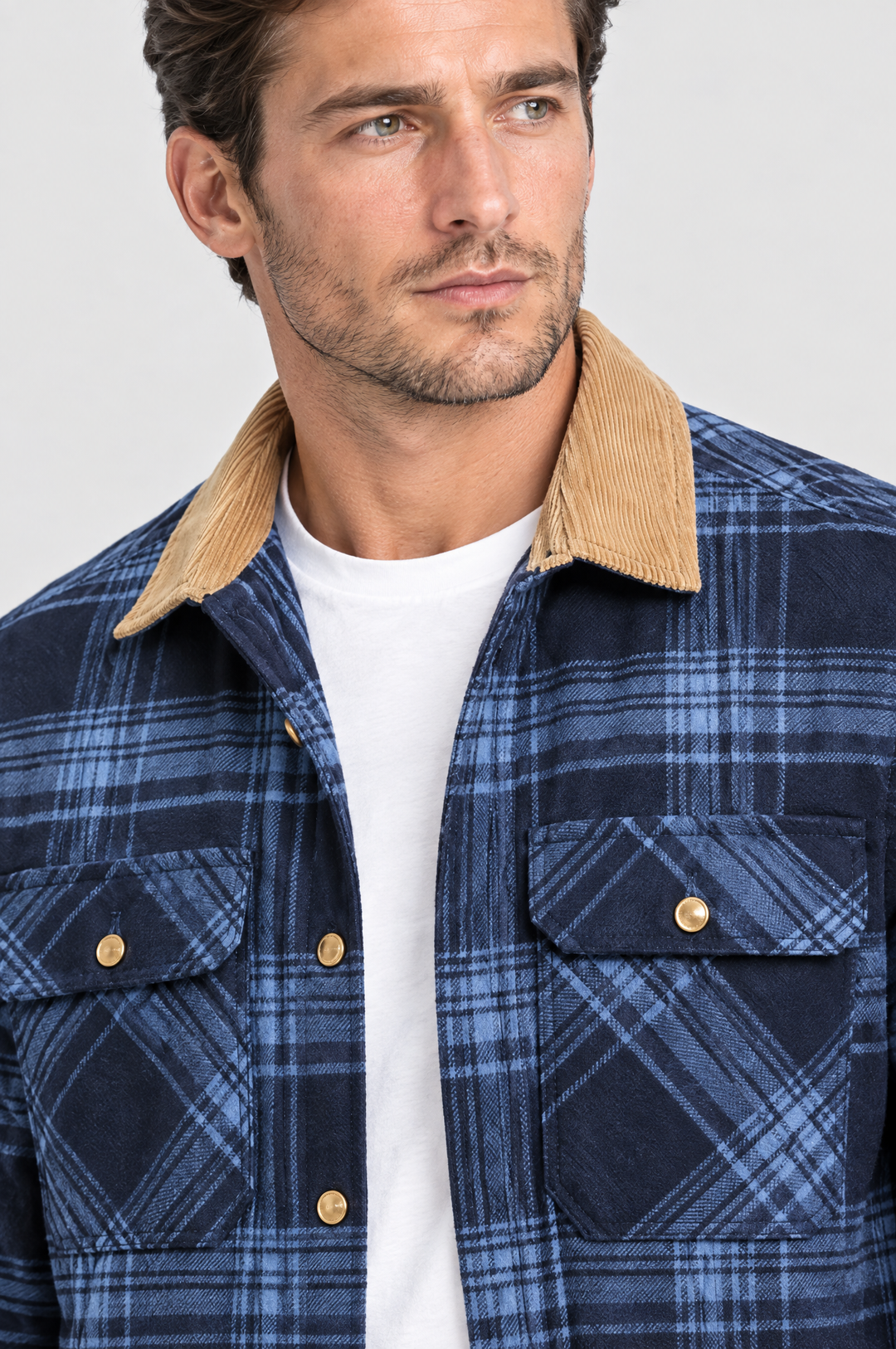 The Brixton Check Shacket in Navy Check, close-up detail