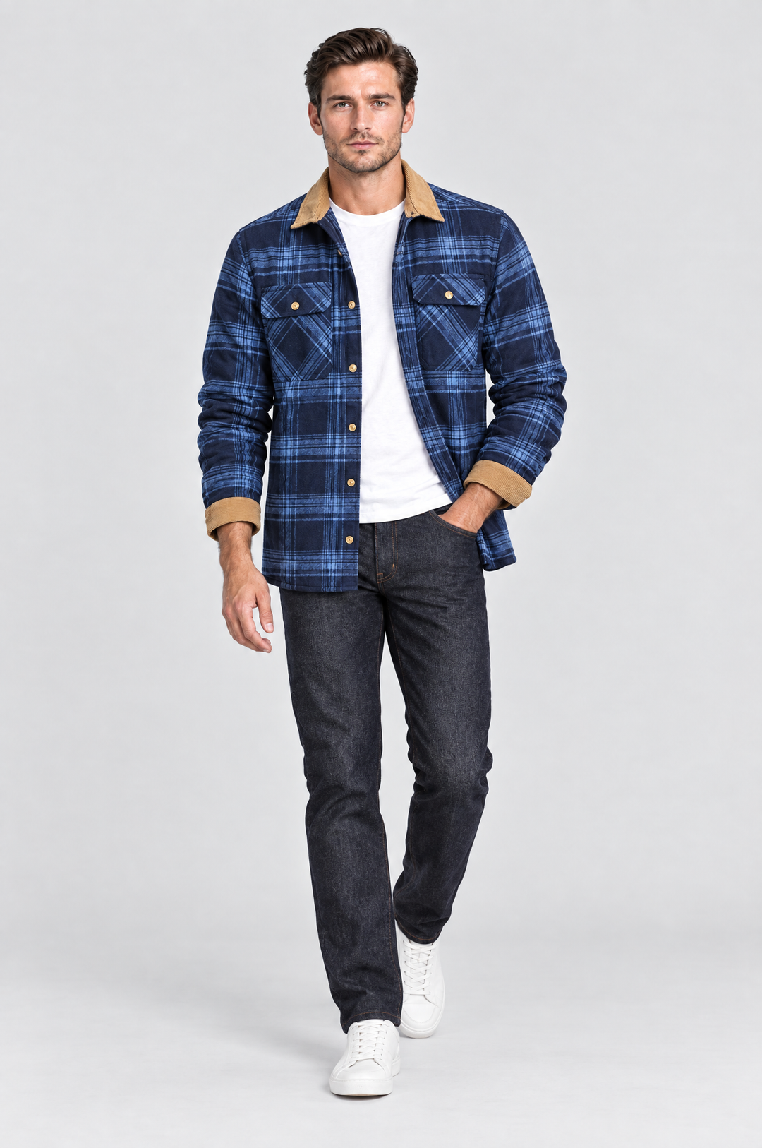 The Brixton Check Shacket in Navy Check, on model, full length